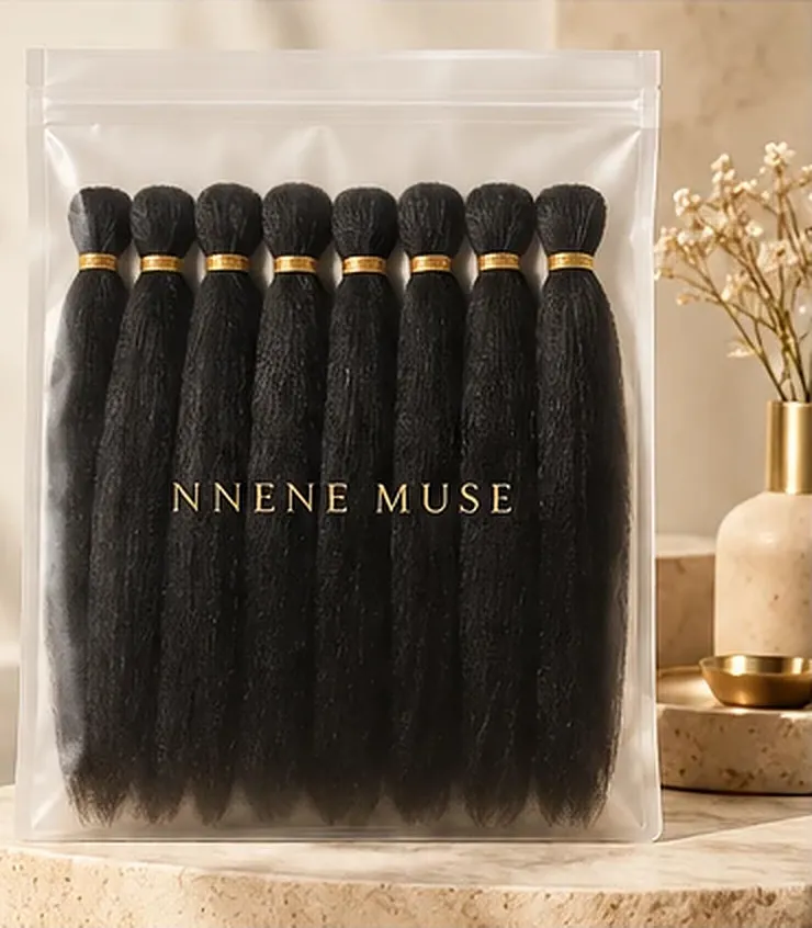 Nnene Muse braiding hair: eight black bundles in a clear branded pack on a stone plinth